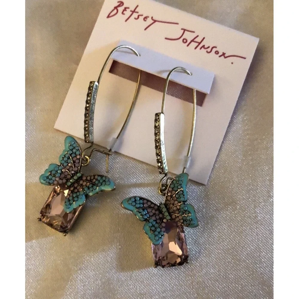 Betsey Johnson Boho Butterfly Pink & Blue Drop Earrings Crystal Accents NWT